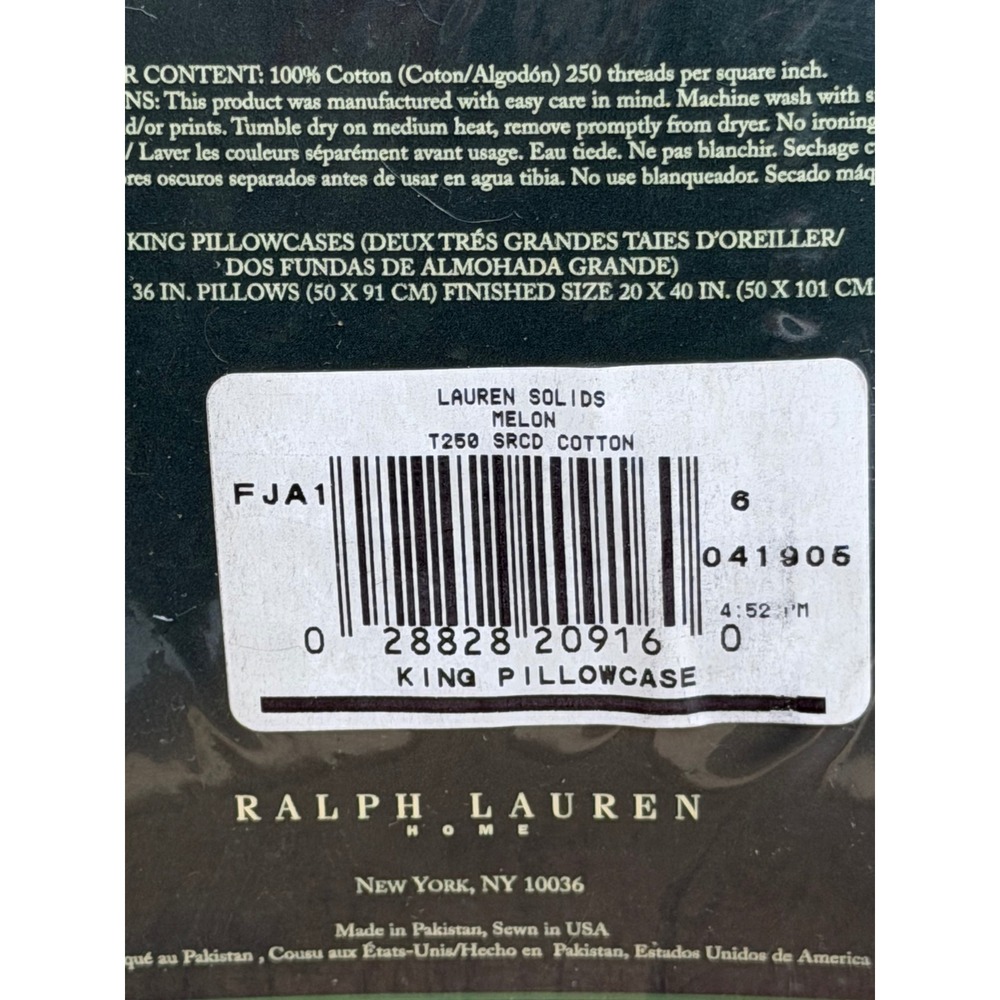 Lauren Ralph Lauren King Pillowcases Set of 2 Melon Solid 250TC Cotton New - Picture 3 of 6